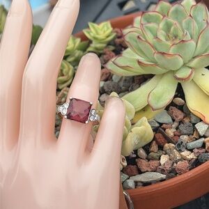 4.87 TCW Naturally Mined Cushion Cut Salmon Topaz & Lab Created Diamond Ring Sz7